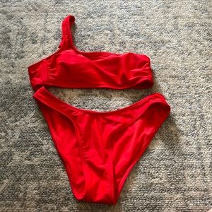 Red One Shoulder Swimsuit Set